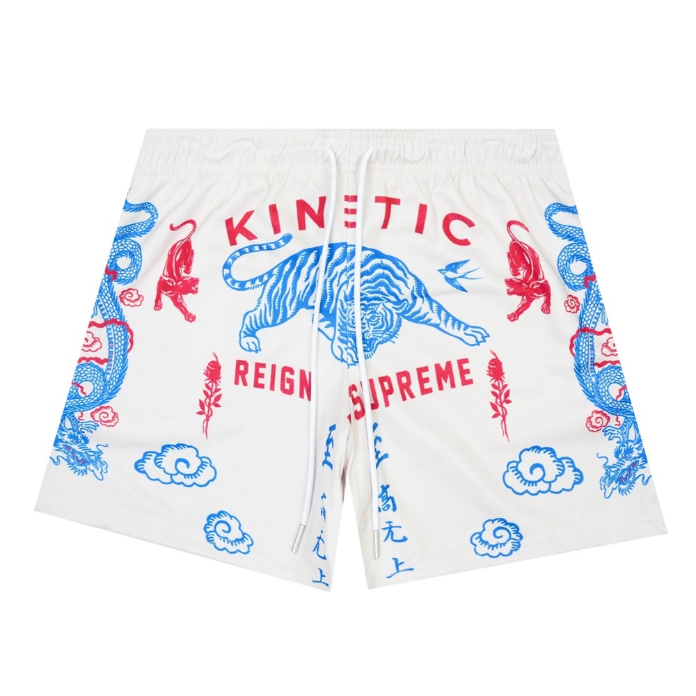 Kinetic Kings White Shorts with Blue and Red Graphic Design mens size S NWT
